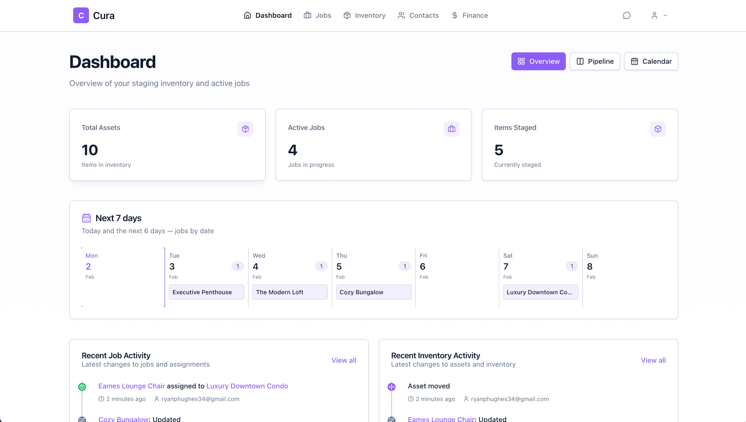 Cura dashboard — overview of staging inventory, active jobs, next 7 days, and recent activity