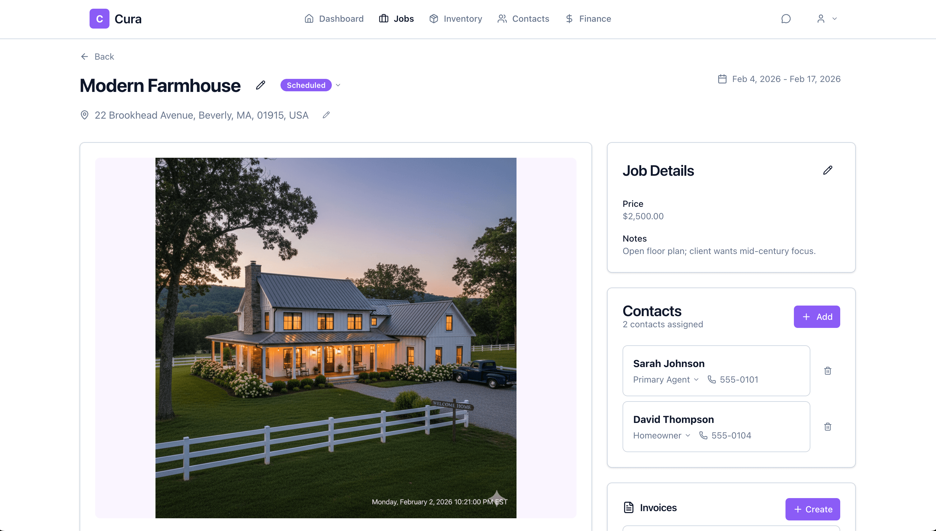 Cura job details — property image, address, job details, contacts, and invoices